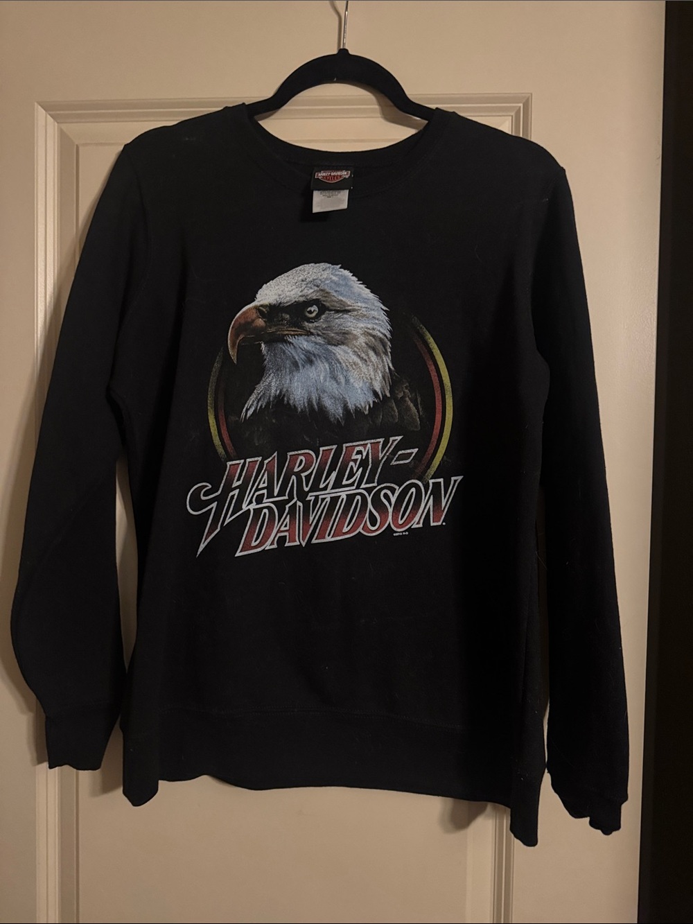 Harley-Davidson Black Crewneck with Eagle Graphic and Red Accents